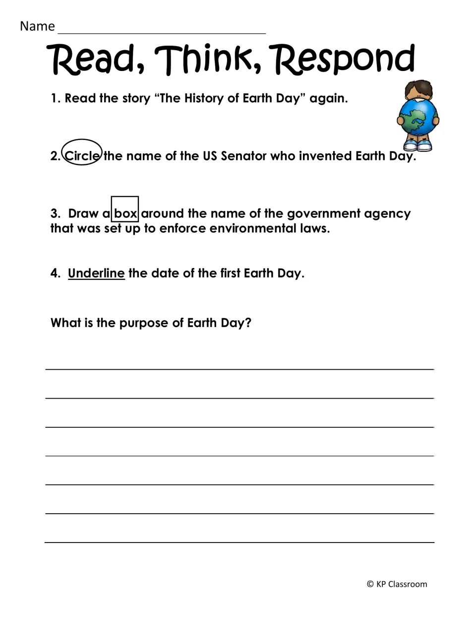 Read, Think, Respond: students circle the senator, box the agency, underline the first Earth Day date, explain its purpose