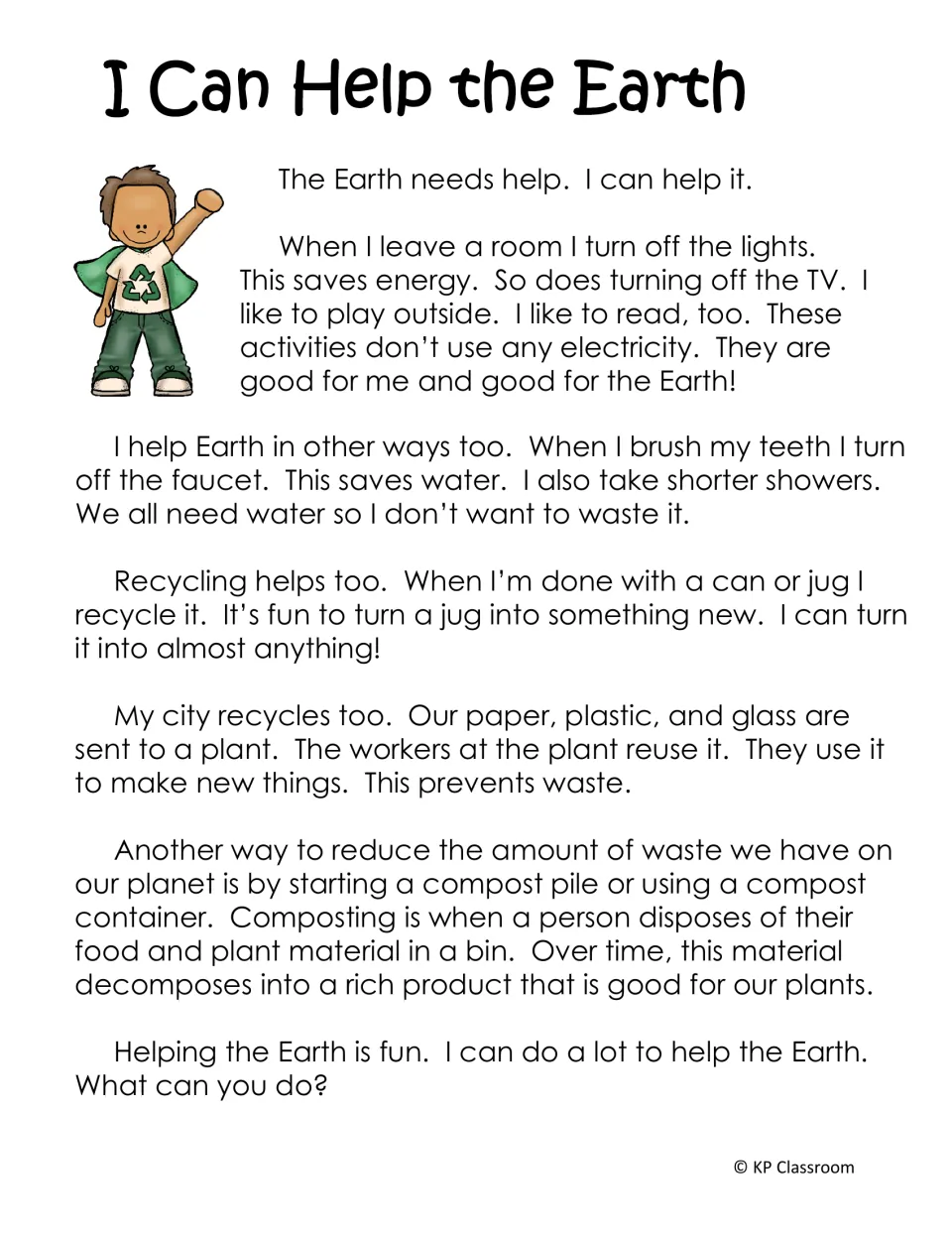 I Can Help the Earth story about saving energy and water, recycling cans and jugs, and composting food and plant waste