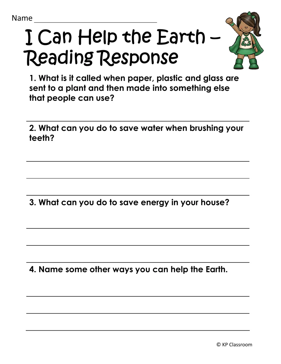 I Can Help the Earth reading response: students answer 4 questions on recycling, saving water and energy, and helping Earth
