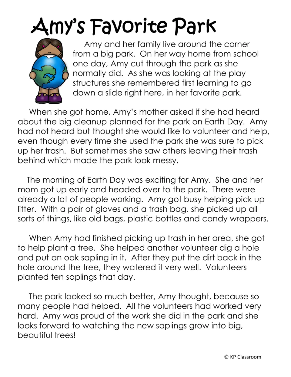 Amy's Favorite Park story: Amy volunteers at an Earth Day park cleanup, picks up litter and helps plant oak saplings