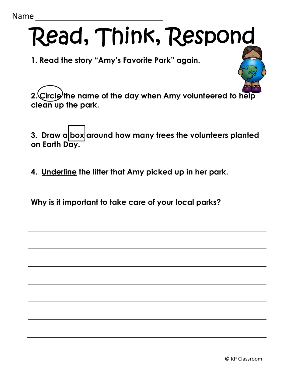 Read, Think, Respond for Amy's Favorite Park: students circle the day, box the number of trees and underline the litter
