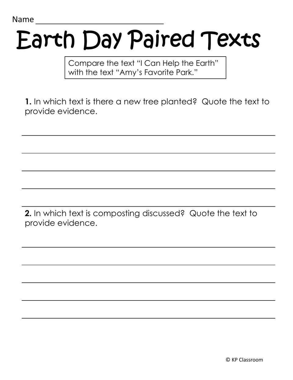 Earth Day paired texts: students compare two stories and quote text evidence about tree planting and composting