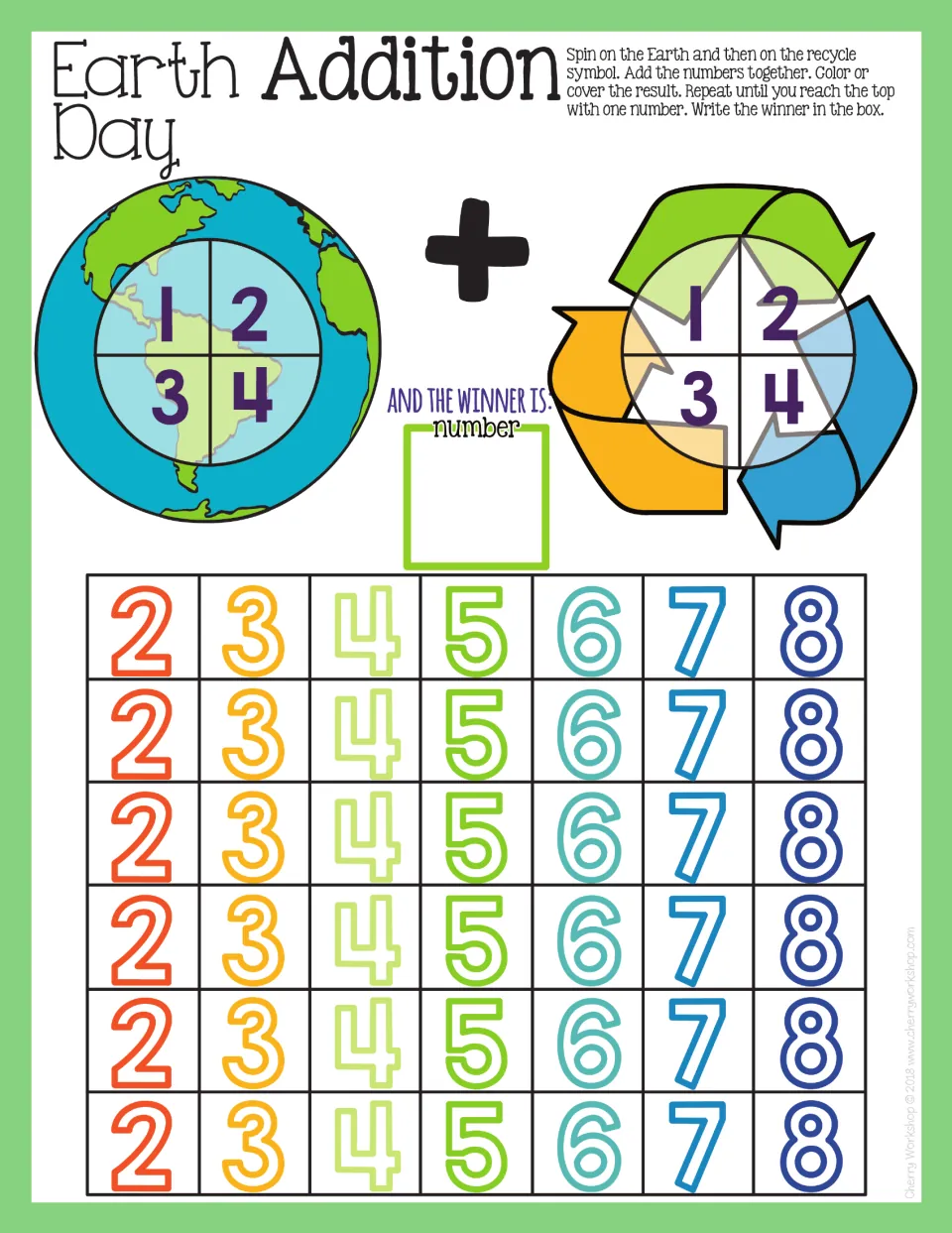 Addition mat 1: spin numbers 1–4 on both spinners, add, and color or cover results from 2–8 to find a winner.
