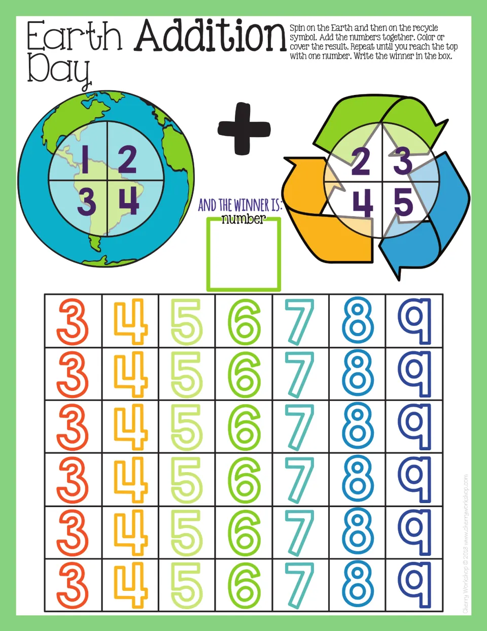 Addition mat 2: spin numbers 1–4 and 2–5, add, and color or cover results from 3–9 to find a winner.
