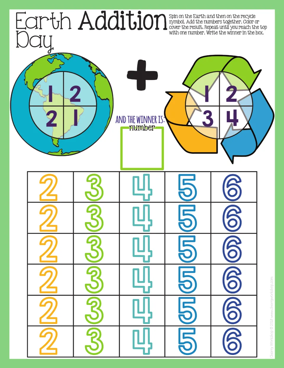 Addition mat 3: spin numbers 1 or 2 and 1–4, add, and color or cover results from 2–6 to find a winner.