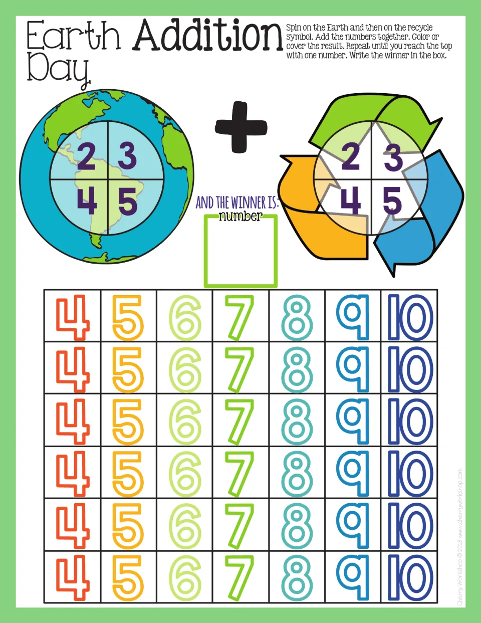 Addition mat 4: spin numbers 2–5 on both spinners, add, and color or cover results from 4–10 to find a winner.