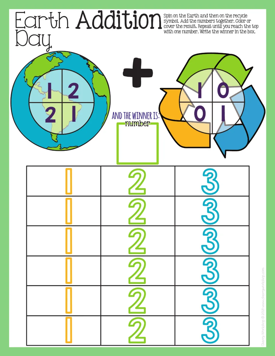 Addition mat 5: spin numbers 1 or 2 and 0 or 1, add, and color or cover results from 1–3 to find a winner.