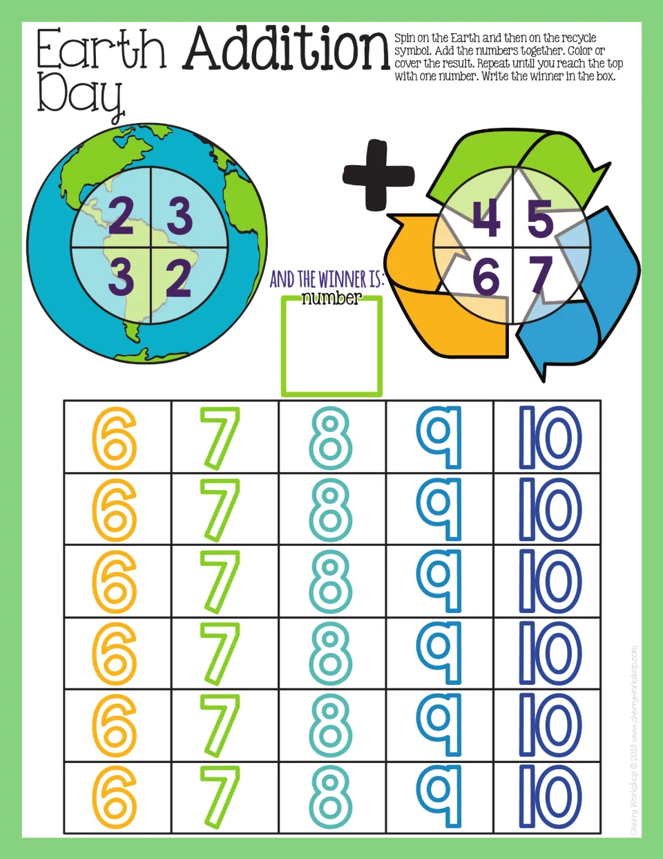 Addition mat 6: spin numbers 2 or 3 and 4–7, add, and color or cover results from 6–10 to find a winner.