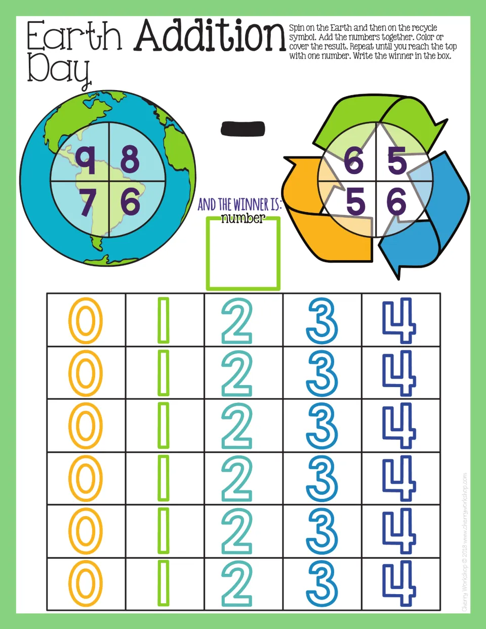 Subtraction mat 1: spin numbers 6–9 and 5 or 6, subtract, and color or cover results from 0–4.