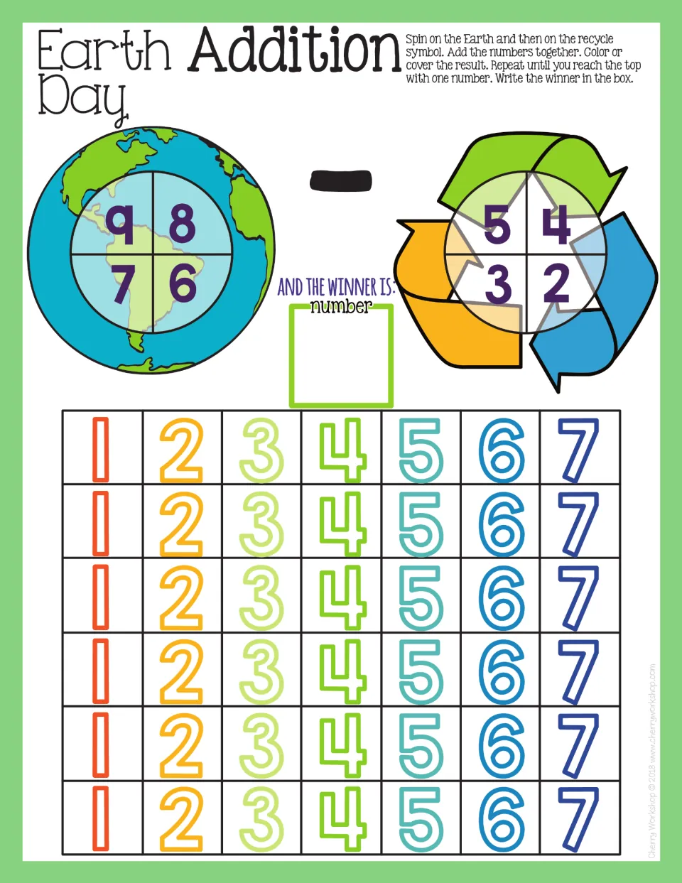 Subtraction mat 2: spin numbers 6–9 and 2–5, subtract, and color or cover results from 1–7.