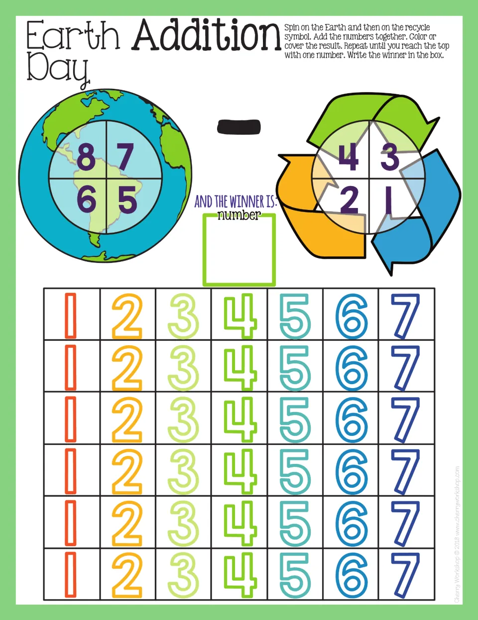 Subtraction mat 3: spin numbers 5–8 and 1–4, subtract, and color or cover results from 1–7.