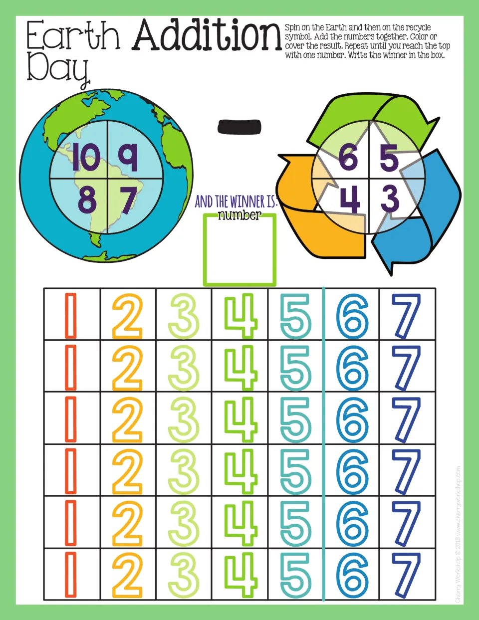Subtraction mat 4: spin numbers 7–10 and 3–6, subtract, and color or cover results from 1–7.