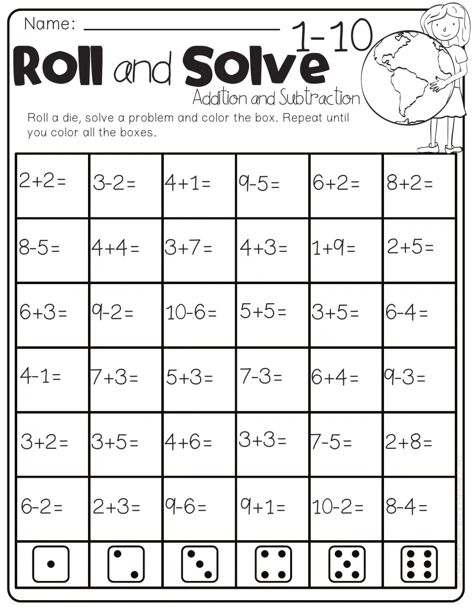 Roll and Solve 1-10 addition and subtraction: students roll a die, solve a fact in that column and color the box