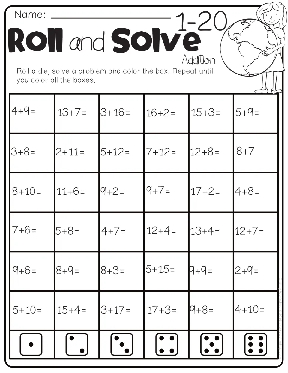 Roll and Solve 1-20 addition: students roll a die and solve sums such as 13+7 and 8+9, coloring each box they finish