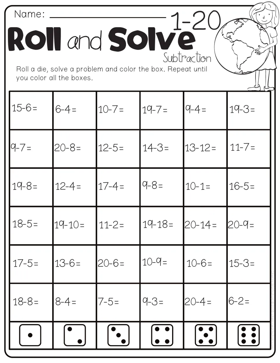 Roll and Solve 1-20 subtraction: students roll a die, solve facts such as 15-6 and 20-14, then color each solved box