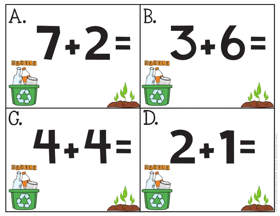 Earth Day addition task cards A–D from the 24-card addition set, showing 7 + 2, 3 + 6, 4 + 4, and 2 + 1.