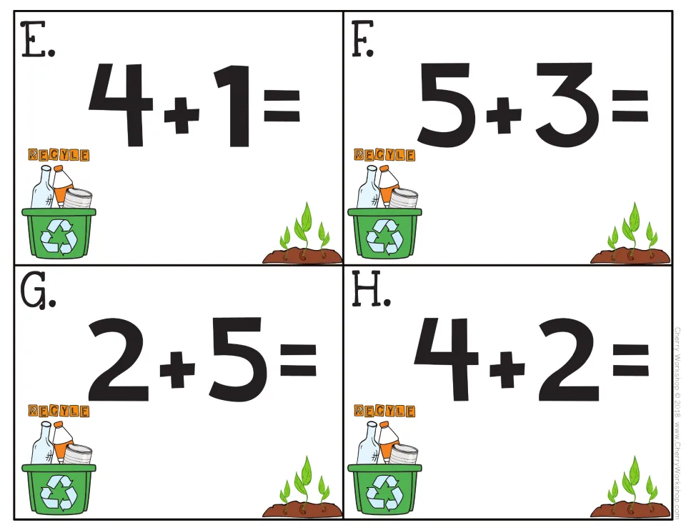 Earth Day addition task cards E–H from the 24-card addition set, showing 4 + 1, 5 + 3, 2 + 5, and 4 + 2.
