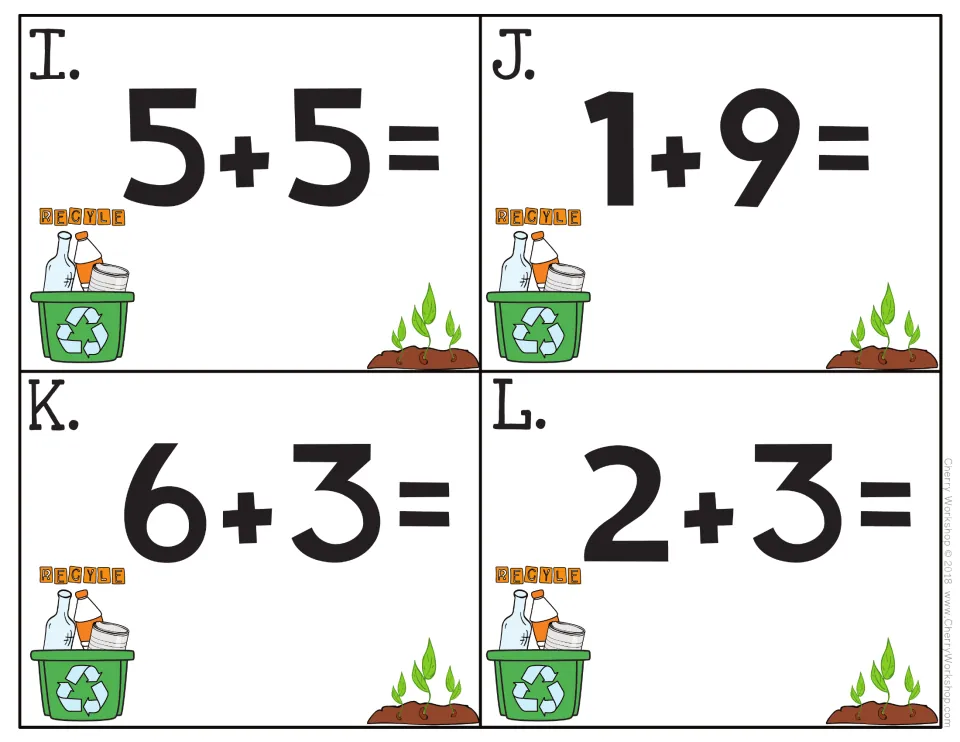 Earth Day addition task cards I–L from the 24-card addition set, showing 5 + 5, 1 + 9, 6 + 3, and 2 + 3.