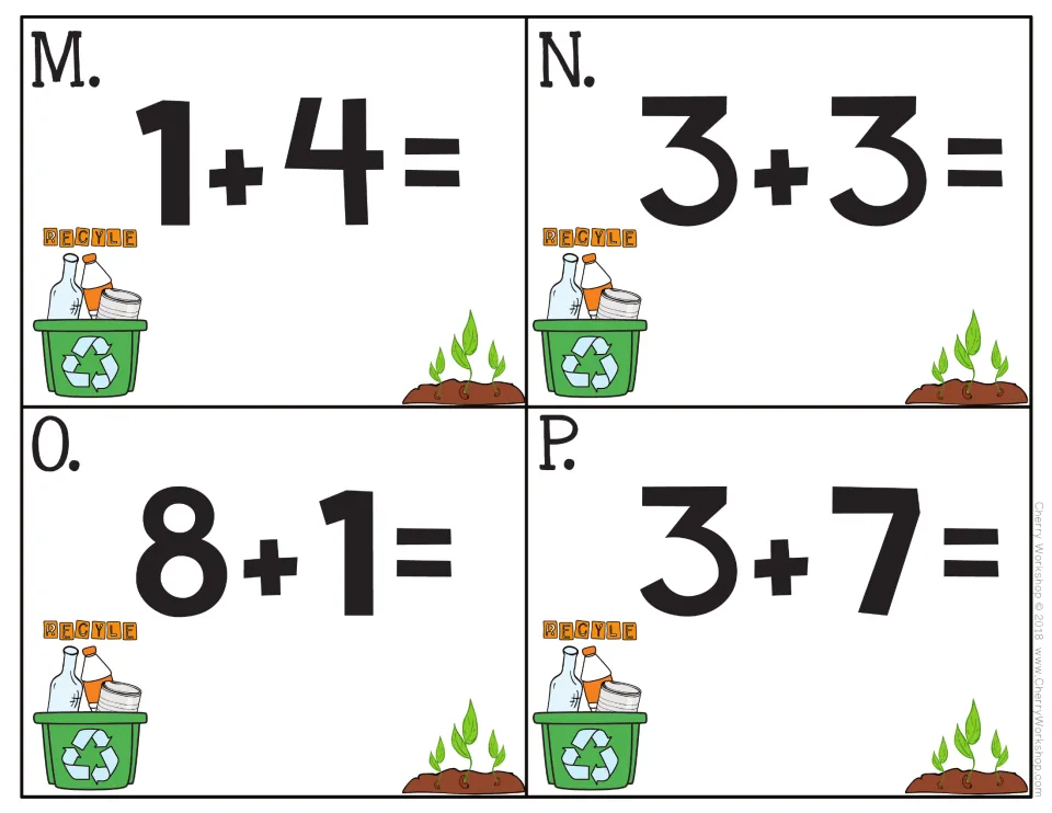 Earth Day addition task cards M–P from the 24-card addition set, showing 1 + 4, 3 + 3, 8 + 1, and 3 + 7.