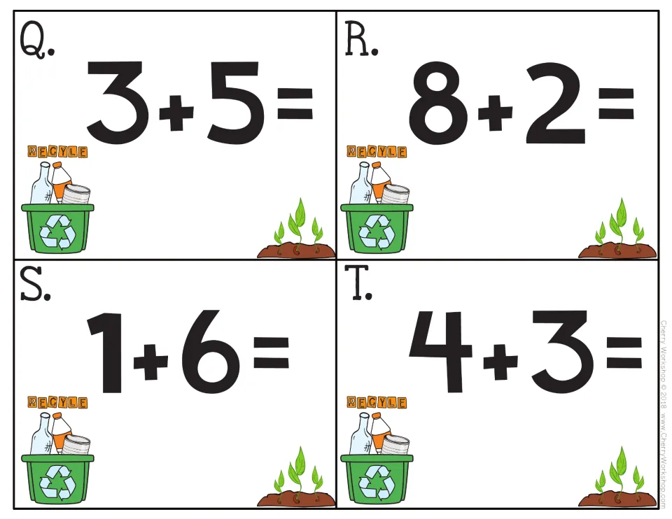 Earth Day addition task cards Q–T from the 24-card addition set, showing 3 + 5, 8 + 2, 1 + 6, and 4 + 3.