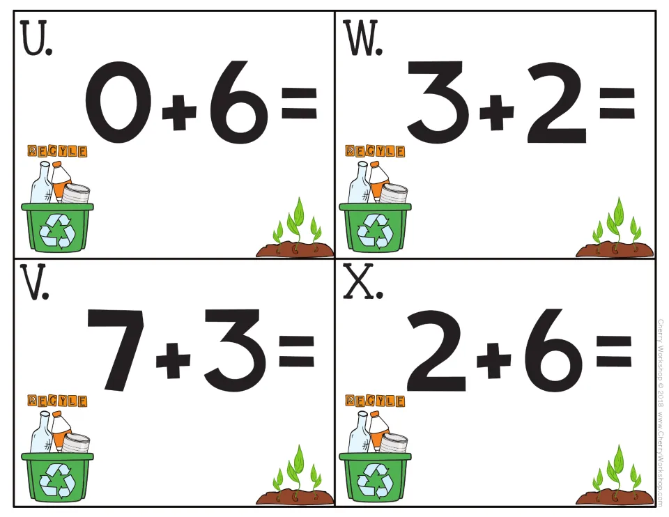 Earth Day addition task cards U, W, V, and X show 0 + 6, 3 + 2, 7 + 3, and 2 + 6 on the final card sheet.