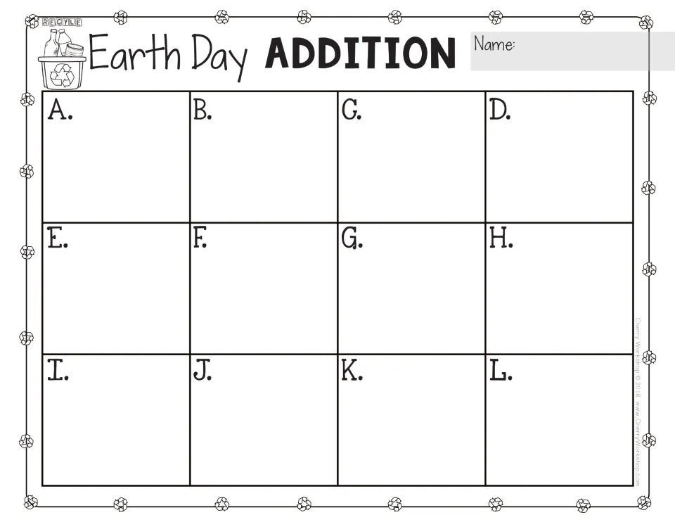 Addition recording sheet for task cards A–L, with 12 blank response spaces and an Earth Day Addition heading.