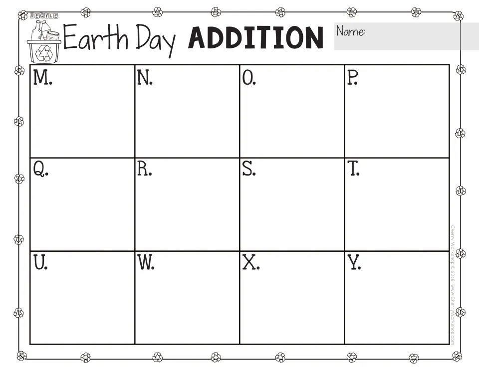 Addition recording sheet with 12 blank response spaces labeled M–U, W, X, and Y beneath the Earth Day heading.