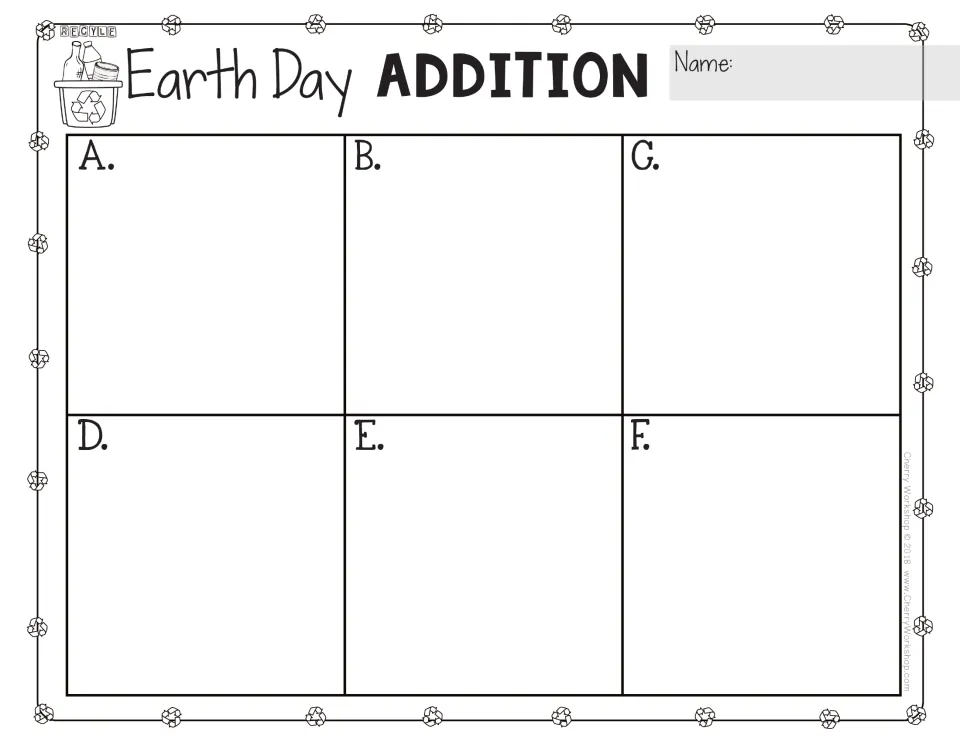 Addition recording sheet for task cards A–F, with six blank response spaces and an Earth Day Addition heading.