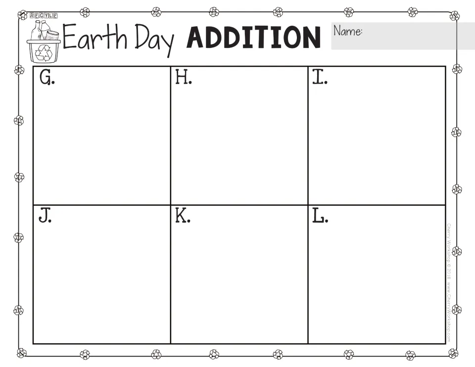 Addition recording sheet for task cards G–L, with six blank response spaces and an Earth Day Addition heading.