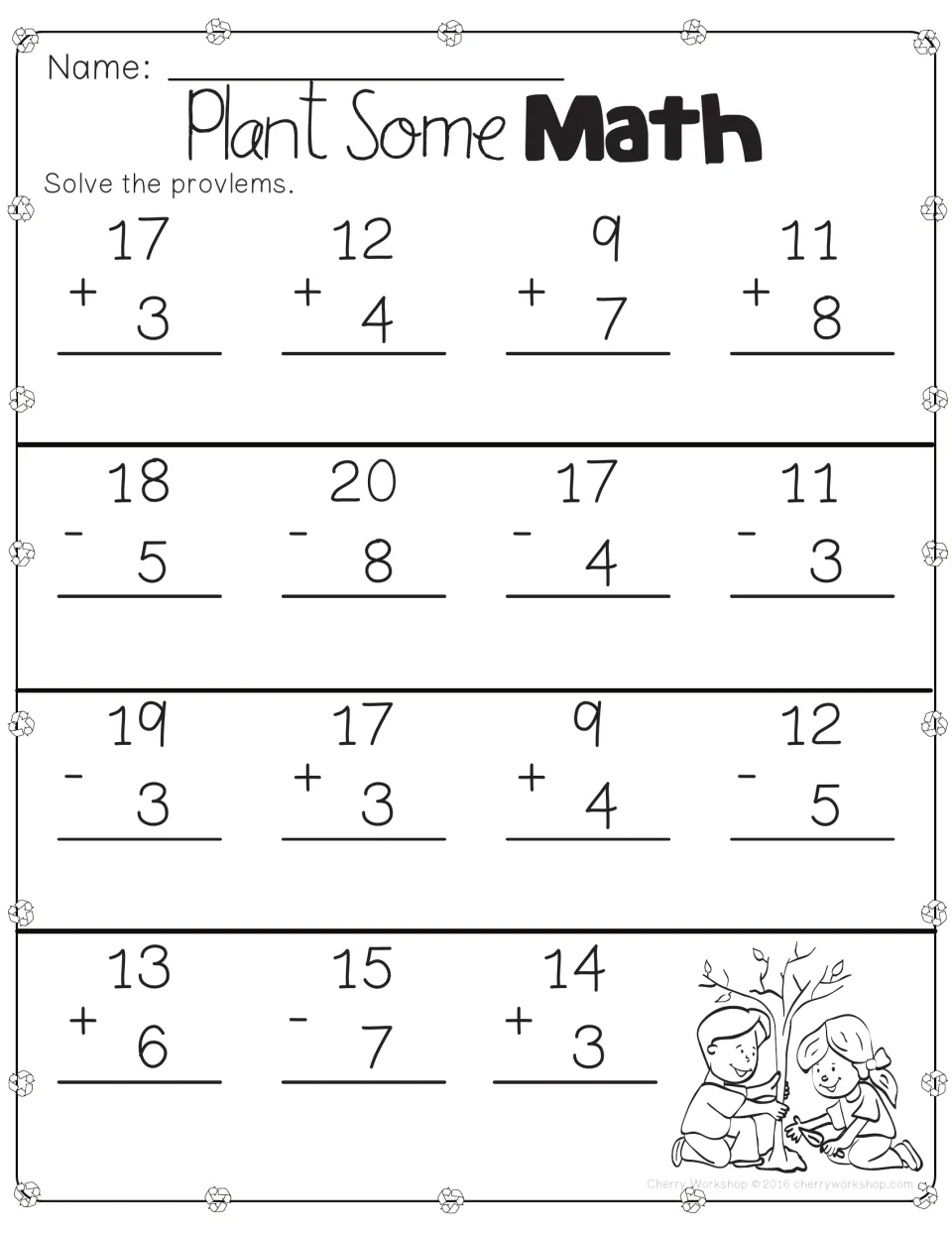 Earth Day math worksheet: 15 addition and subtraction problems within 20, including 17 + 3 and 18 - 5.