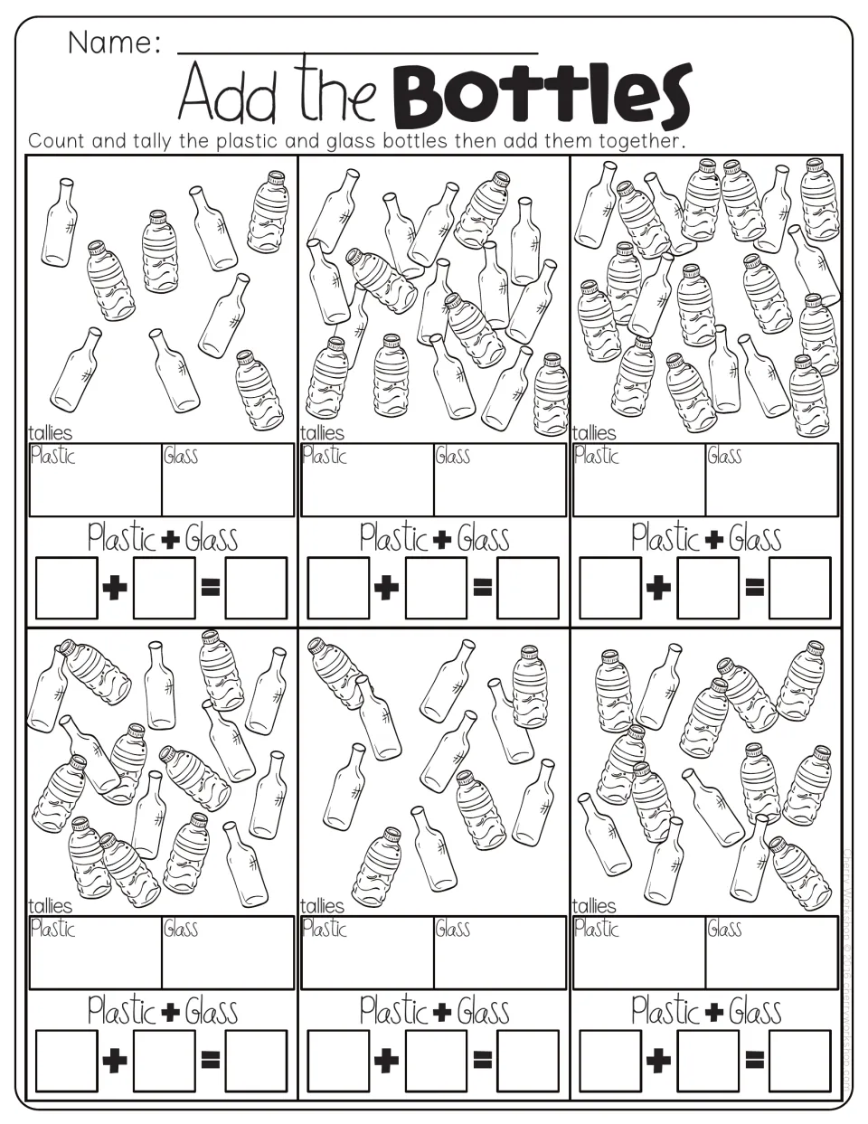 Add the Bottles: students tally plastic and glass bottles in 6 picture sets, then write plastic + glass = total