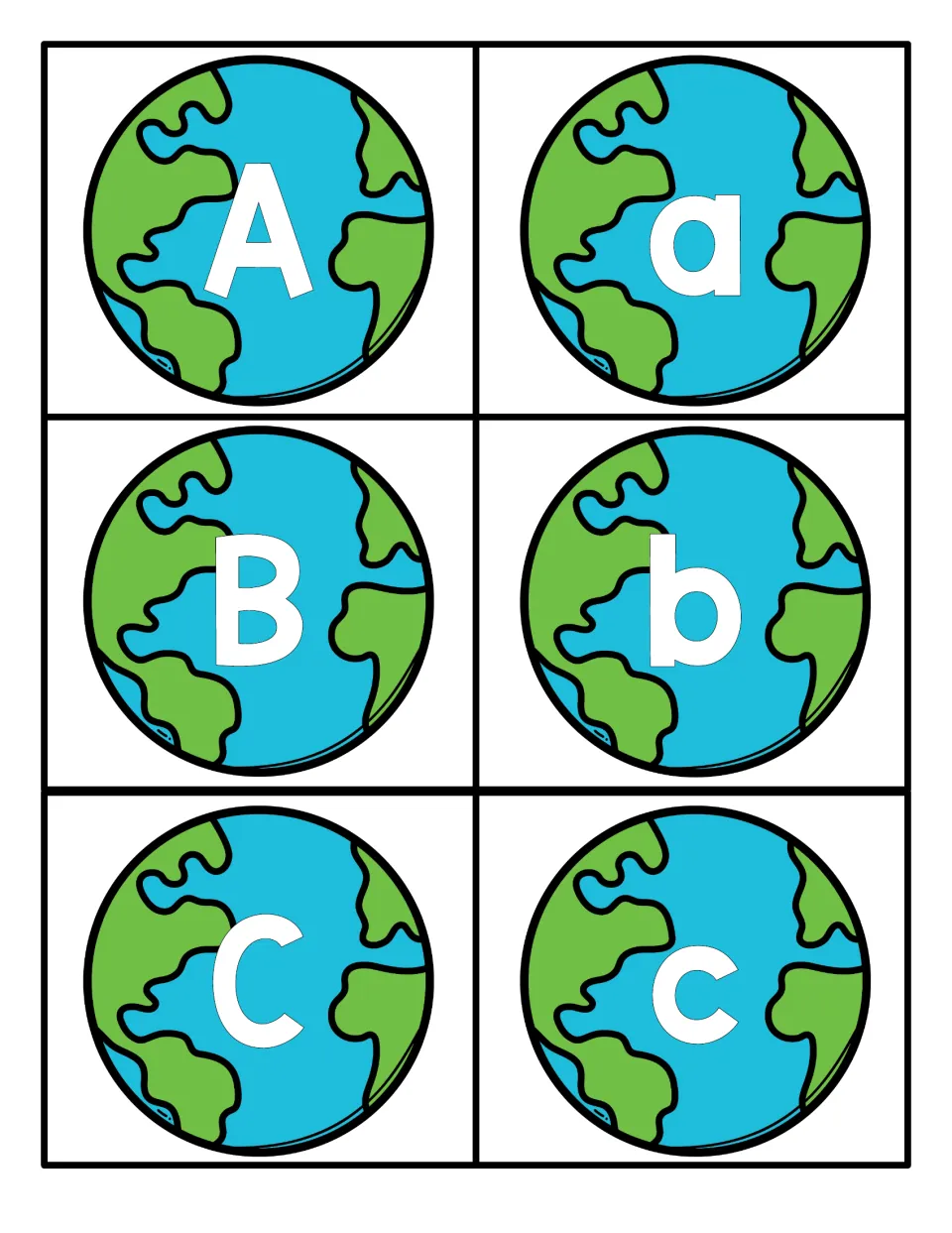 Letters A, B and C: six cut-out Earth globe cards, each showing one uppercase or lowercase letter in white for Aa, Bb, Cc