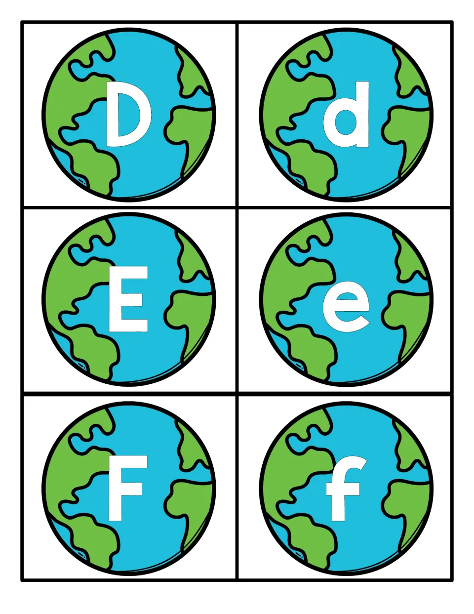 Letters D, E and F: globe cards pairing capital D, E, F with lowercase d, e, f, ready to cut apart for letter recognition