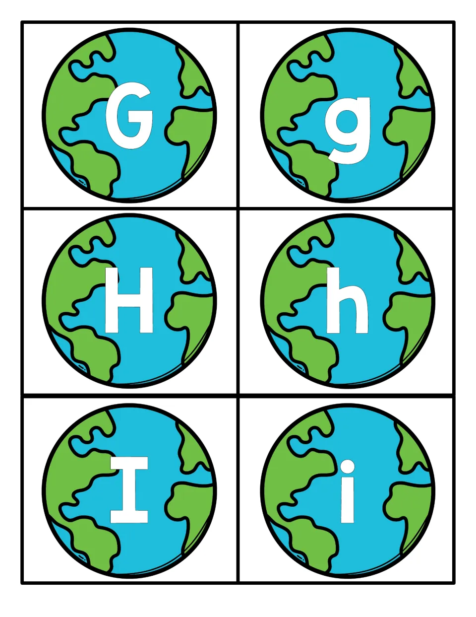 Letters G, H and I: Earth illustrations with Gg, Hh and Ii printed in white, cut apart to sort capital and lowercase forms