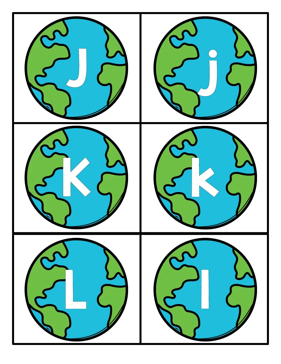 Letters J, K and L: planet cards with capital J, K, L and lowercase j, k, l for pairing each letter with its partner