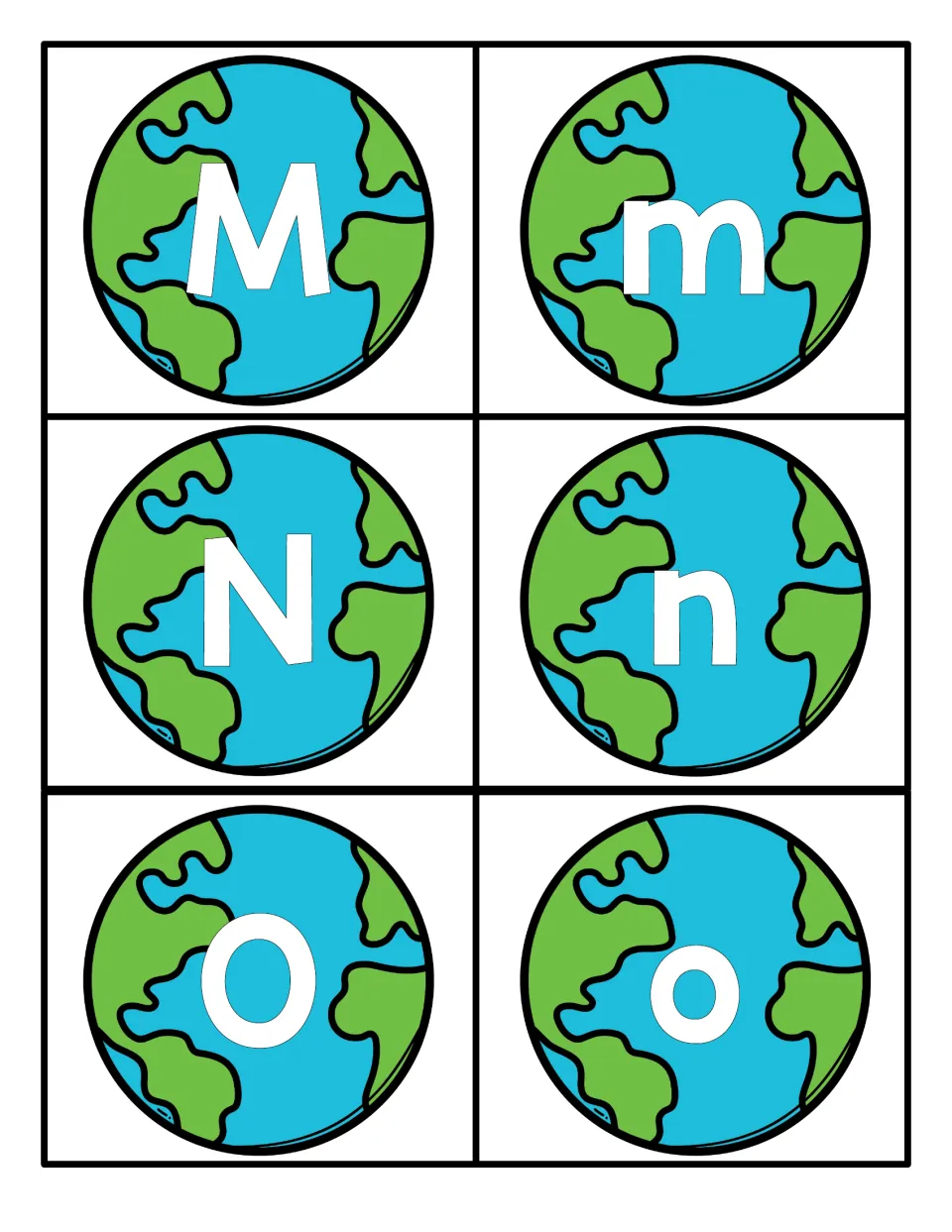 Letters M, N and O: world globe cards showing Mm, Nn and Oo, one letter per card, for identifying letter names and forms