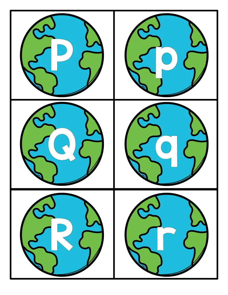 Letters P, Q and R: globe cards printed with P, p, Q, q, R, r so children can tell apart look-alike lowercase p and q