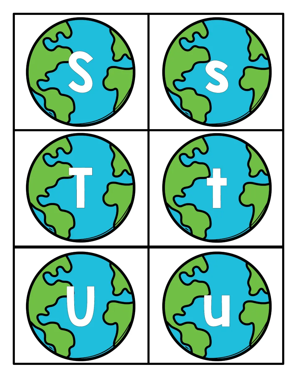Letters S, T and U: Earth cards with uppercase S, T, U and lowercase s, t, u to cut out and pair by letter name