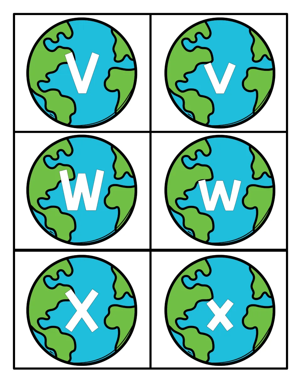 Letters V, W and X: globe cards featuring Vv, Ww and Xx, where capital and small forms look alike apart from size