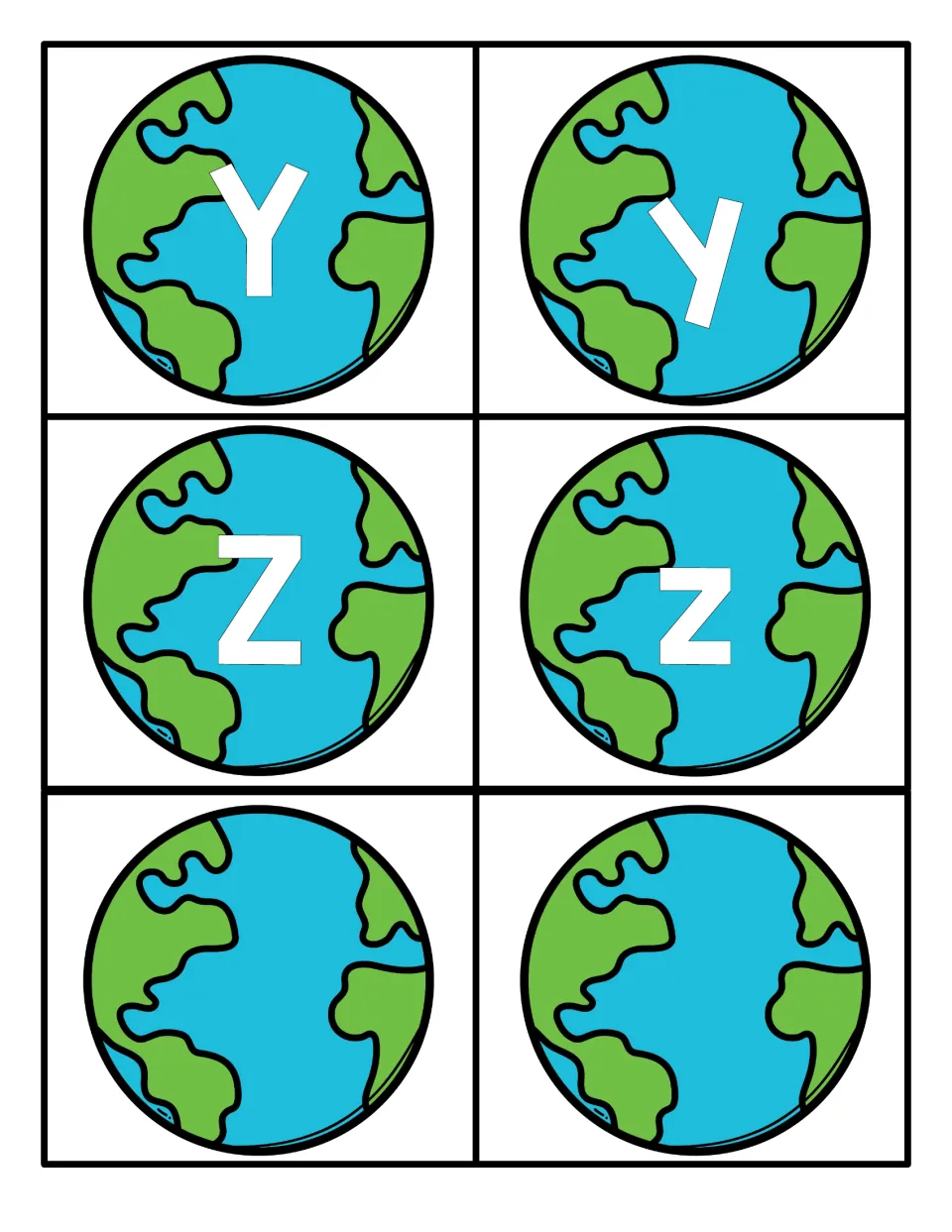 Letters Y and Z: globe cards for Yy and Zz that finish the alphabet, plus two blank Earth cards with no letter