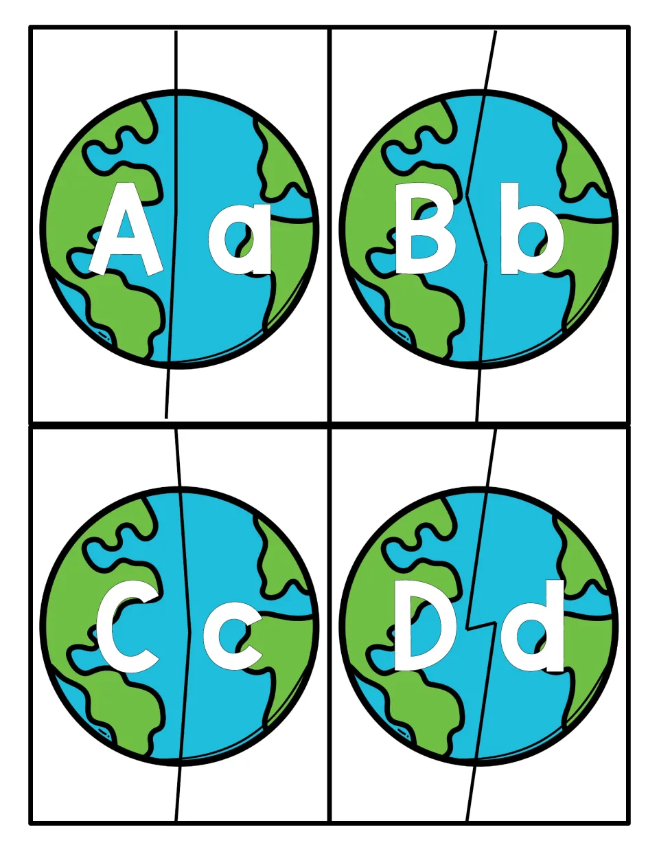 Letter matching for A to D: students cut each Earth puzzle in two and join uppercase A, B, C, D to the lowercase letter