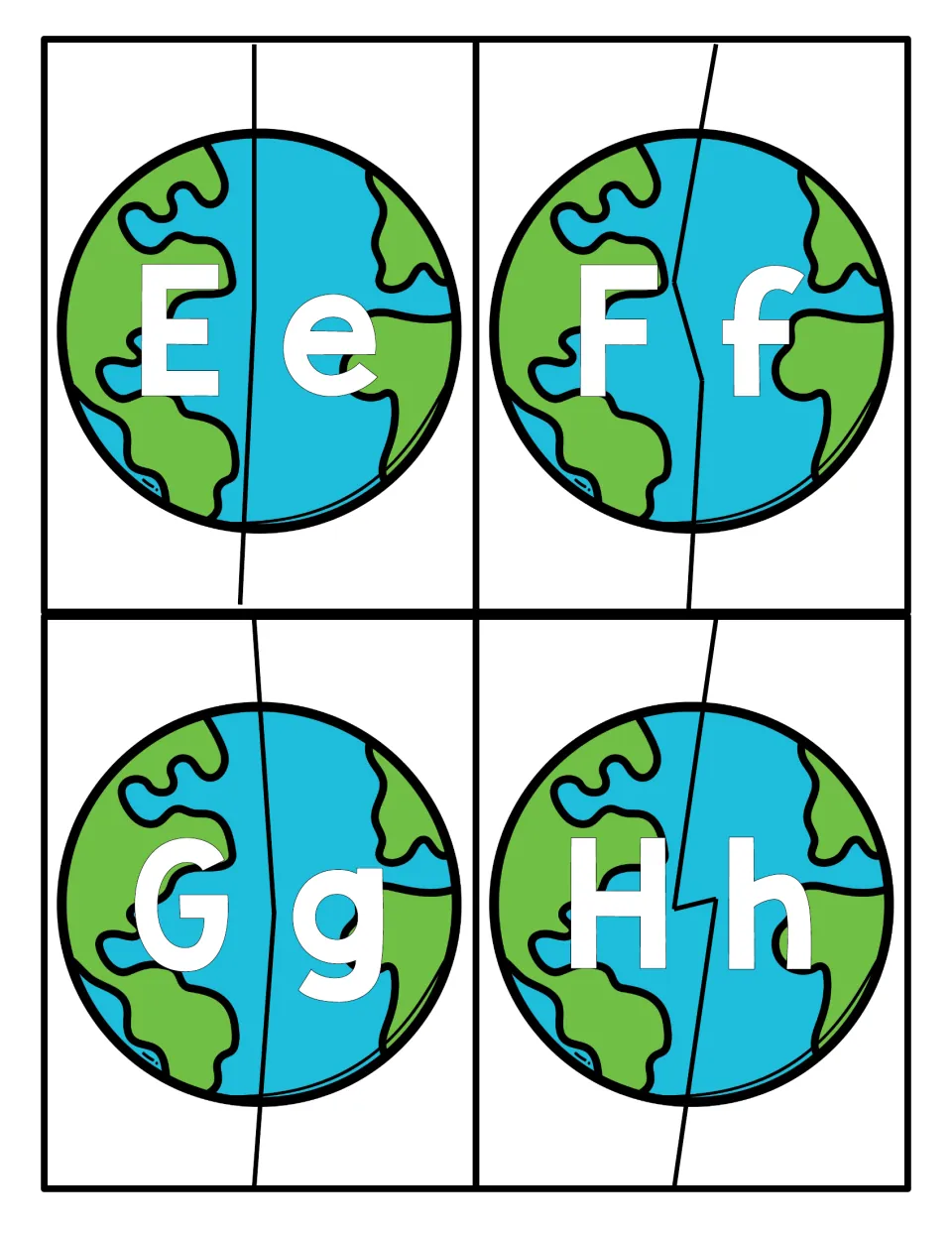 Letters E to H on two-piece Earth puzzles: students match uppercase E, F, G and H to their lowercase partners