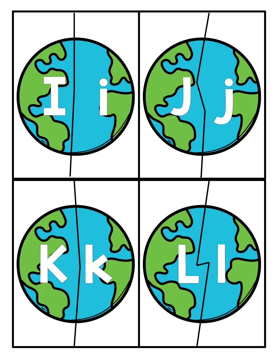 Letters I to L as split Earth globes: students fit each uppercase half (I, J, K, L) to the matching lowercase half