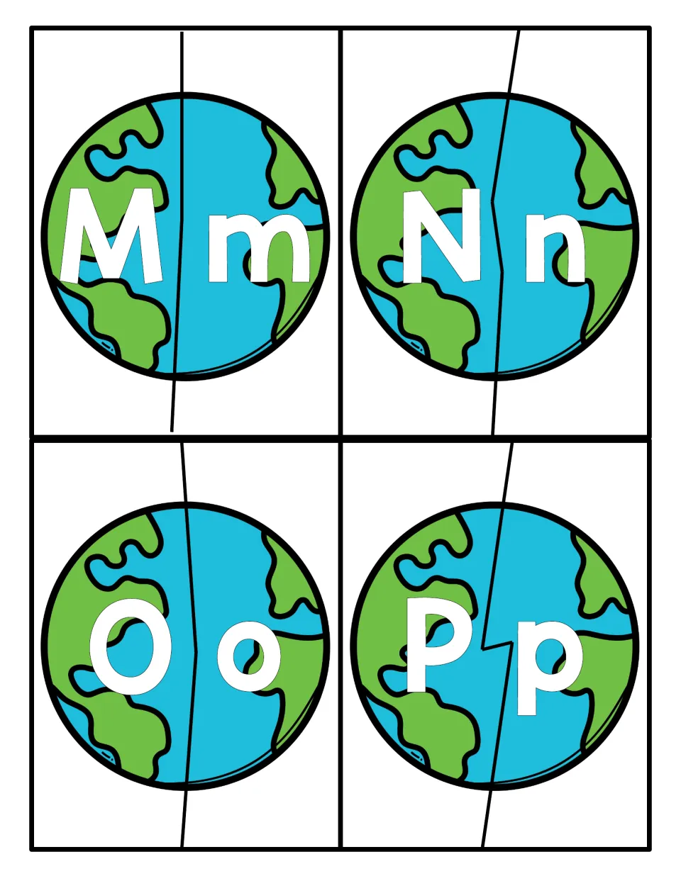 Matching M, N, O and P: each Earth puzzle splits into an uppercase and lowercase half for students to cut and pair
