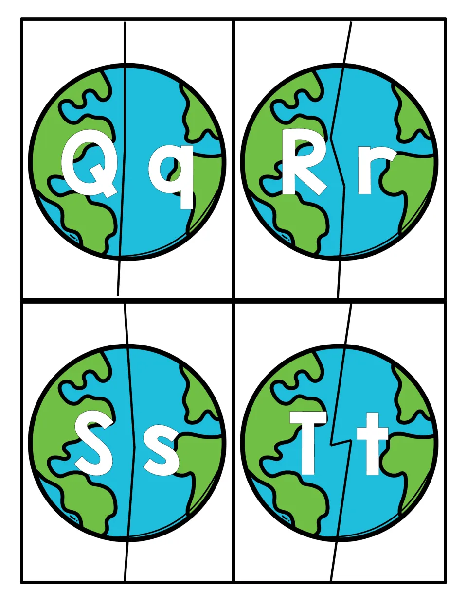Letters Q to T on Earth globes cut in two: students pair uppercase Q, R, S and T with lowercase q, r, s and t