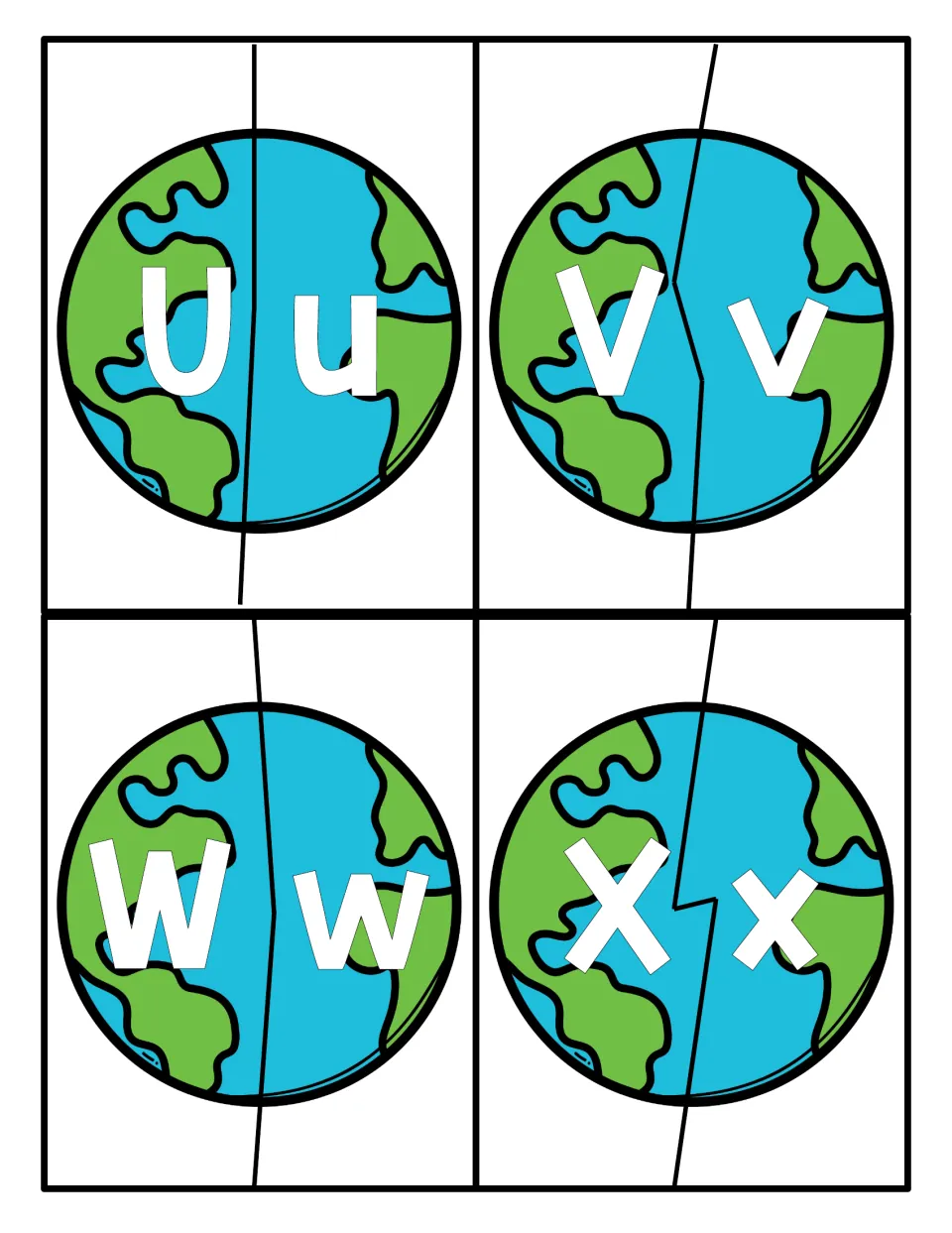 Letters U to X: students match uppercase U, V, W and X to lowercase halves on cut-apart Earth globes