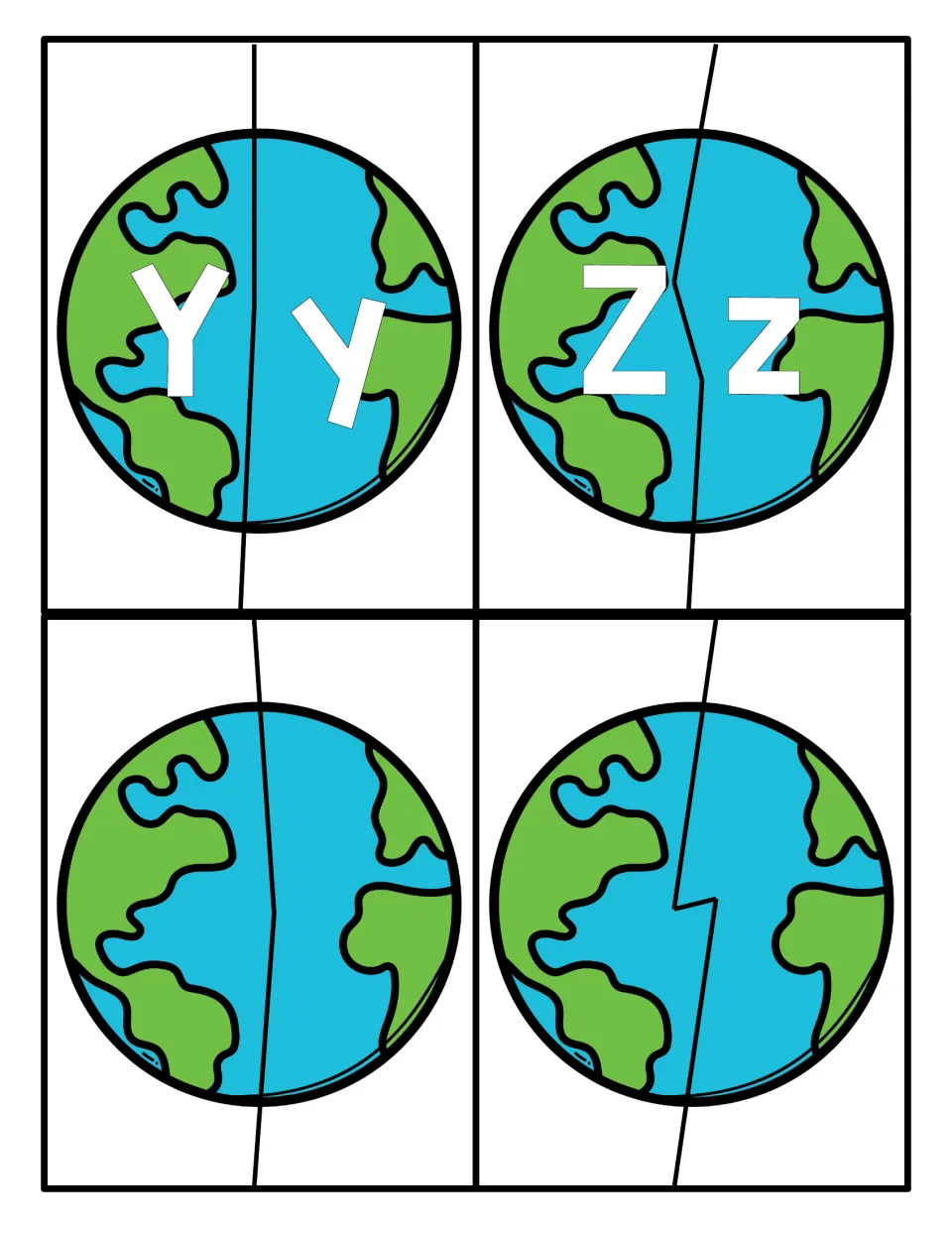 Final letters Y and Z on split Earth globes for upper-lowercase matching, plus two blank globe puzzles