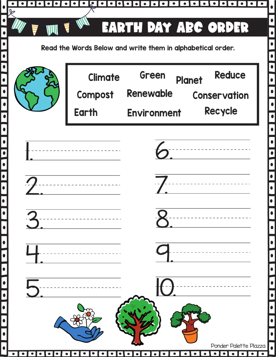 Earth Day ABC order: students write 10 words like climate, compost, recycle and renewable in alphabetical order