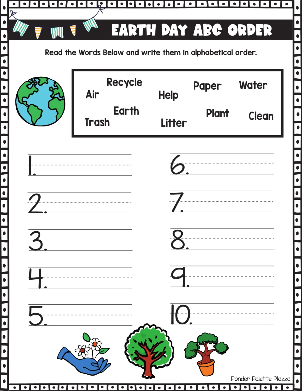 Earth Day alphabetizing: students put 10 different words such as air, clean, help, litter and water into ABC order