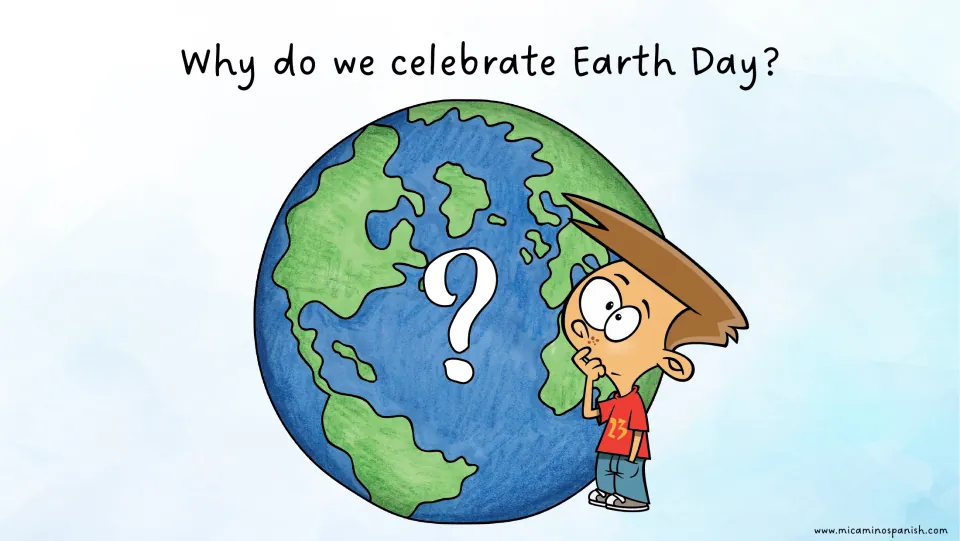 English question page in the bilingual story asks, 'Why do we celebrate Earth Day?' beside a thinking child.